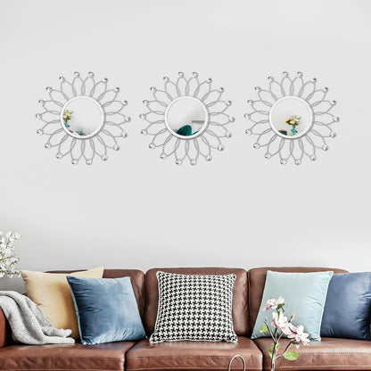 3 Pack Metal Mirrors for Wall Sunburst Wall Mirrors Home Décor Decorative Hanging Wall Art for Living Room Bedroom Entryway (Gold, Flower+Sunburst)