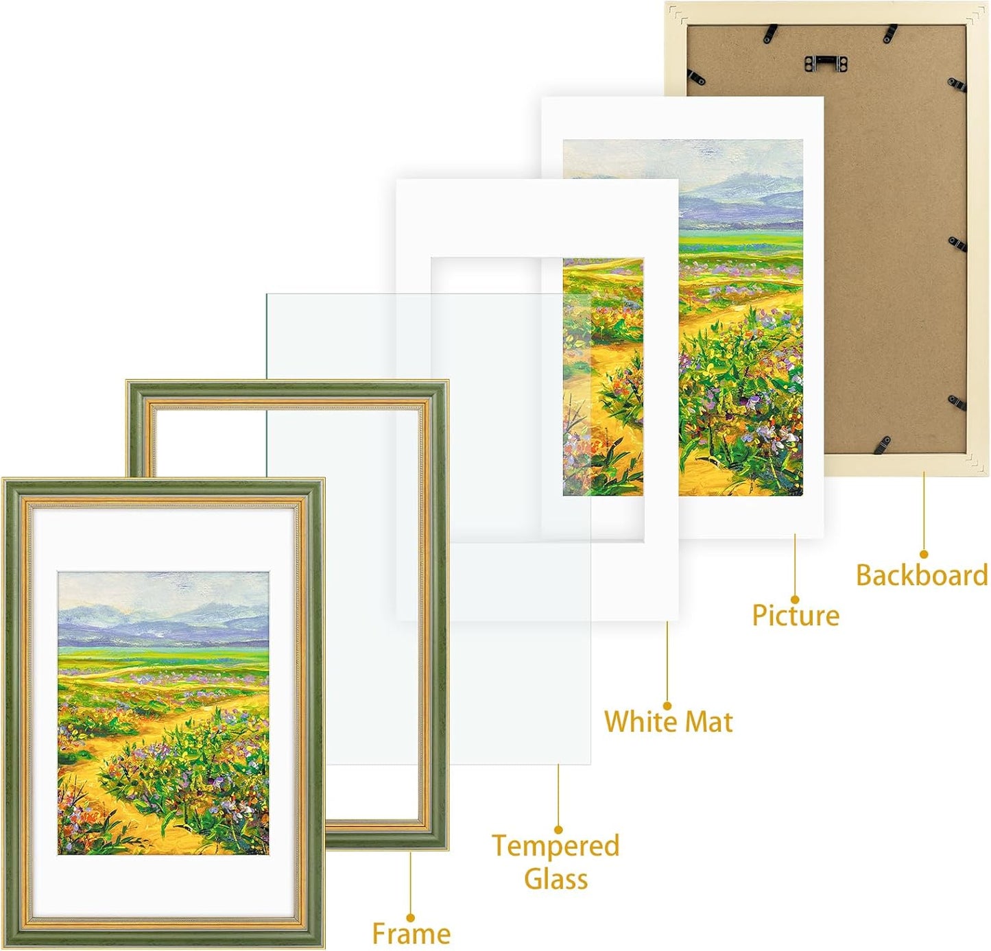Golden State Art,11x14 Ornate Picture Frame for 8x10 Photo with Mat or 11 x 14 Prints without Mat,Real Glass Wall Display(Color:Green Gold)