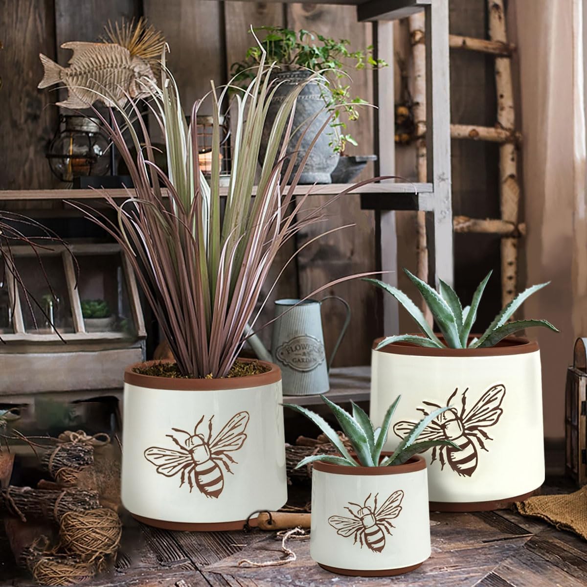 YBX 8 Inch + 6 Inch Ceramic Plant Pots, Succulent Flower Pots with Drainage Holes, Terracotta Planters for Indoor Plants, White&Terracotta (Garden)