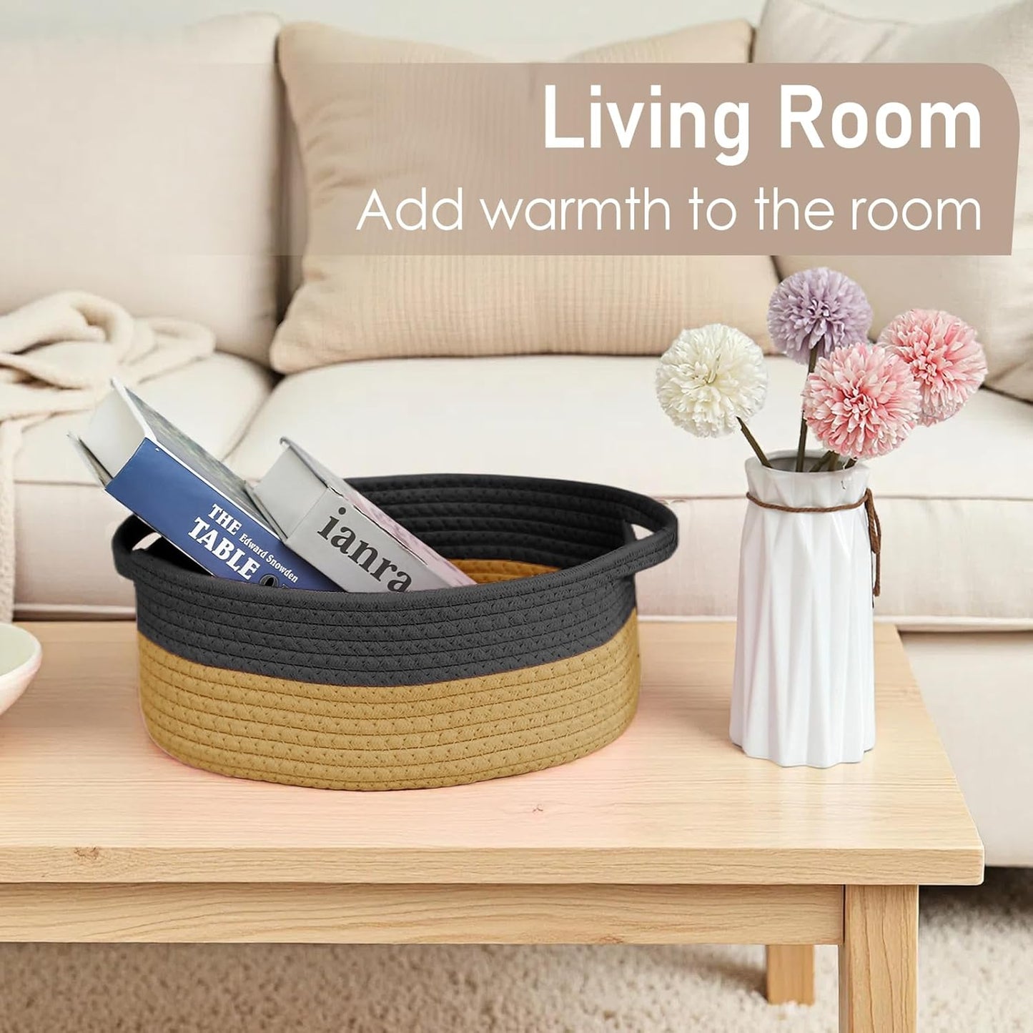JMvicyroam Woven Basket,Small Rope Storage Bin with Handles & Ribbon Bag, Organizer for Shelves Closets,Gift Basket Empty for Birthday,Books,Dog Toys,White