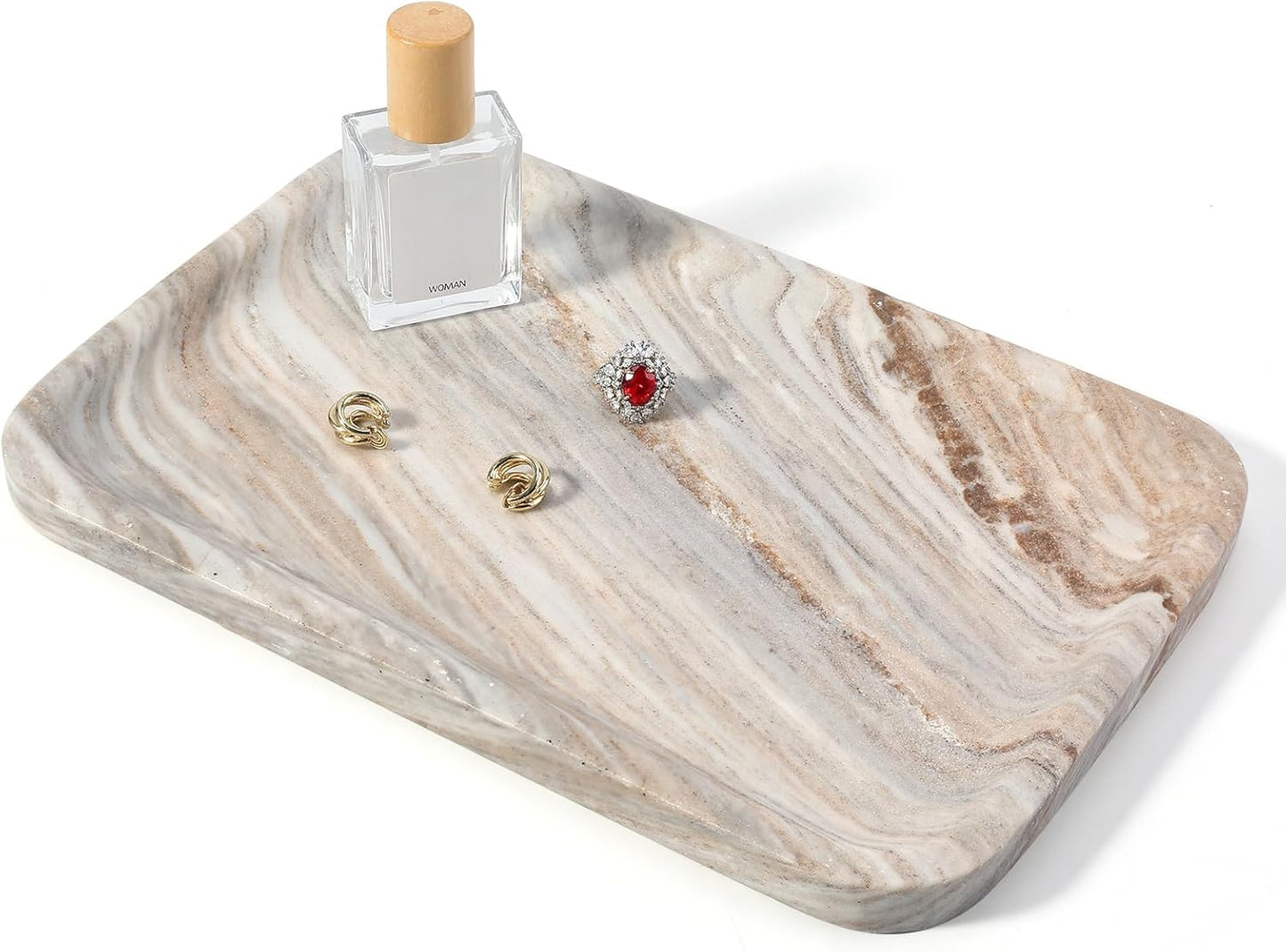 Koville Romano Travertine Tray, 12"x8" Natural Stone Vanity Tray for Countertop Bathroom Kitchen Dresser, Decorative Marble Catchall Trays for Perfume Jewelry, Rectangular Serving Tray(Beige)