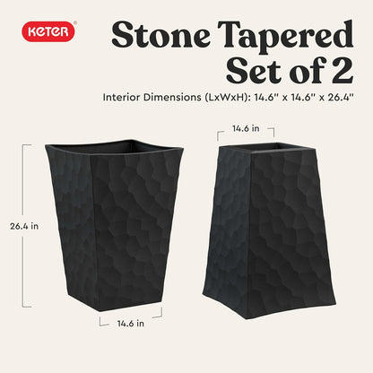 Keter Set of 2 Resin Modern Outdoor 22 Inch Tall Large Flower Pots, Tapered Wood Look Planters for Outdoor Plants and Front Porch Decor, Graphite