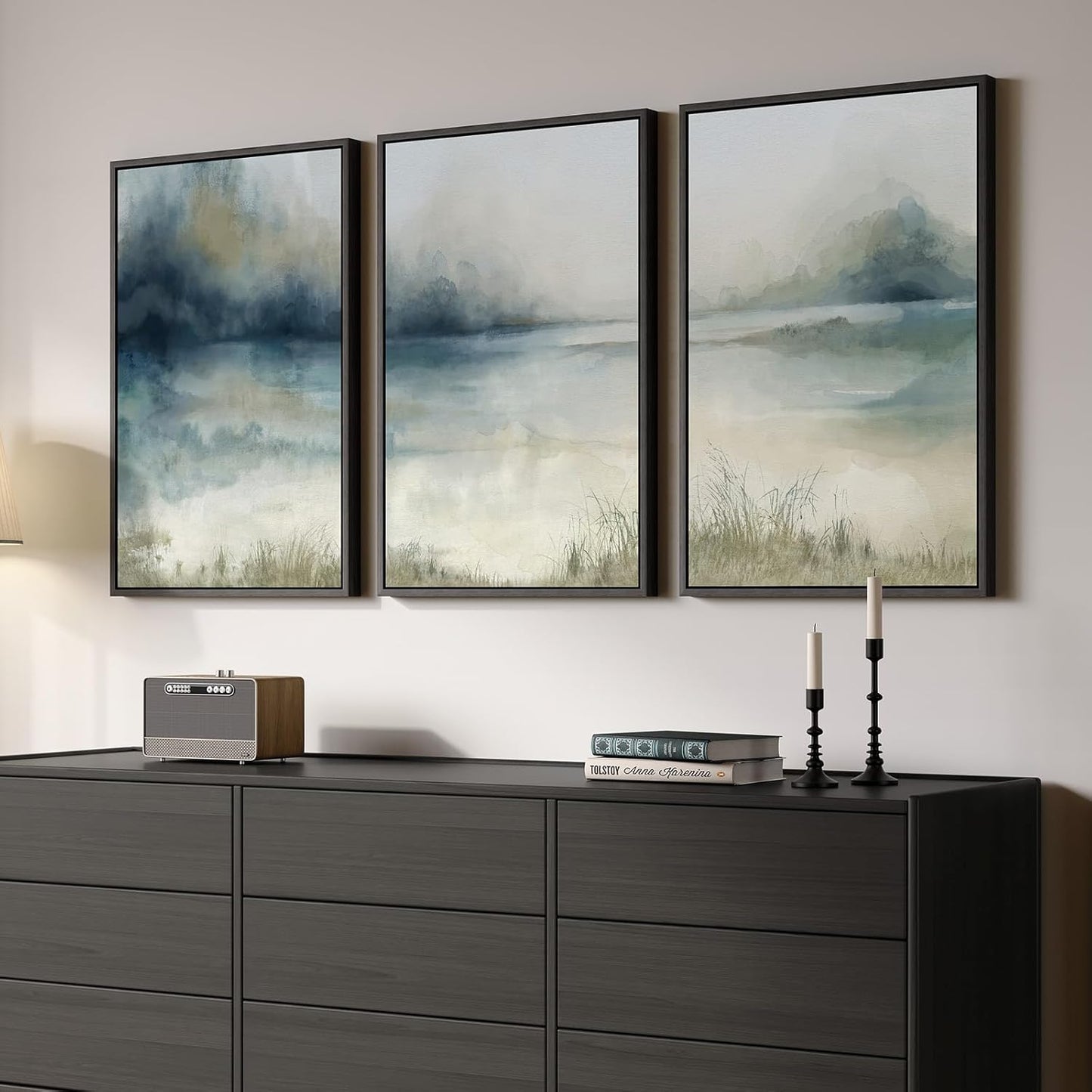 Large Framed Abstract Nature Landscape Wall Art for Living Room, Set of 3 Modern Canvas Prints Paintings Artwork for Walls, Green Lake Pictures for Hallway, Dining Room, Office Wall Decor 24x36 Inch