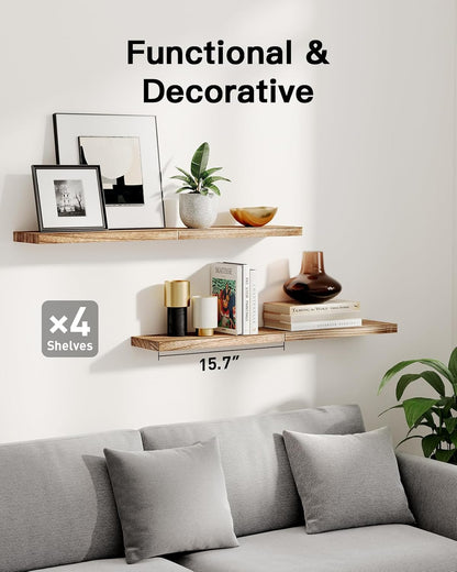 Amada Homefurnishing Floating Shelves, Paulownia Wood Wall Shelves for Living Room/Bedroom/Kitchen/Home Office, Wood Floating Shelf for Home Storage & Organization, Set of 4, 15.75″L x 5.91″W x 0.98″H