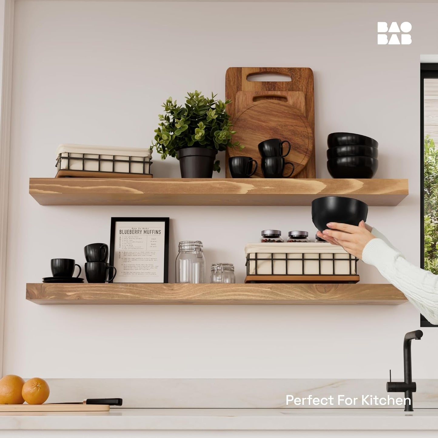 BAOBAB WORKSHOP Wood Floating Shelves for Wall Mounted, 16 inch Walnut Floating Shelf for Bathroom, Solid Wooden Wall Shelves for Kitchen Bedroom Farmhouse, Walnut Finish, 16 x 6.7, Set of 2