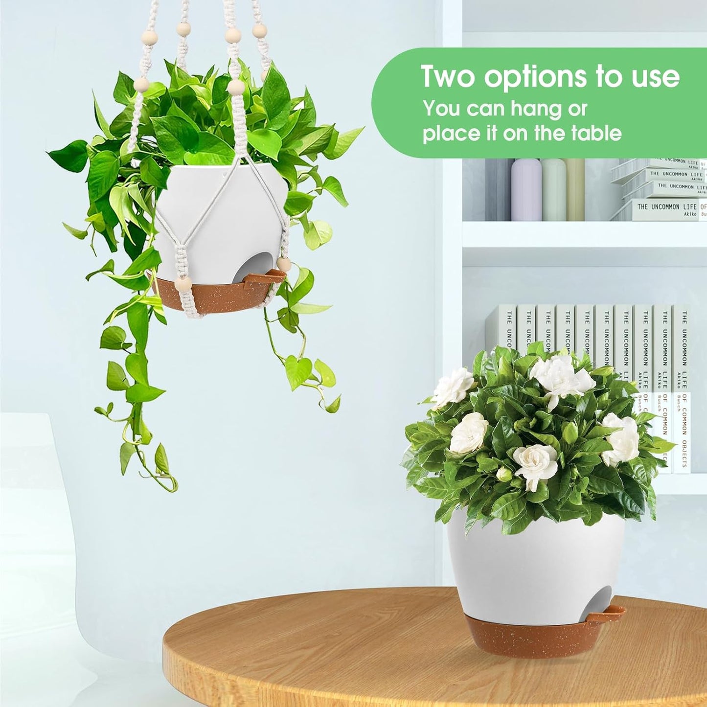 Vanslogreen Hanging Planters for Indoor Outdoor Plants, 2 Pack Self Watering Hanging Pot with Drainage Holes & Removable Tray (Black, 8'')