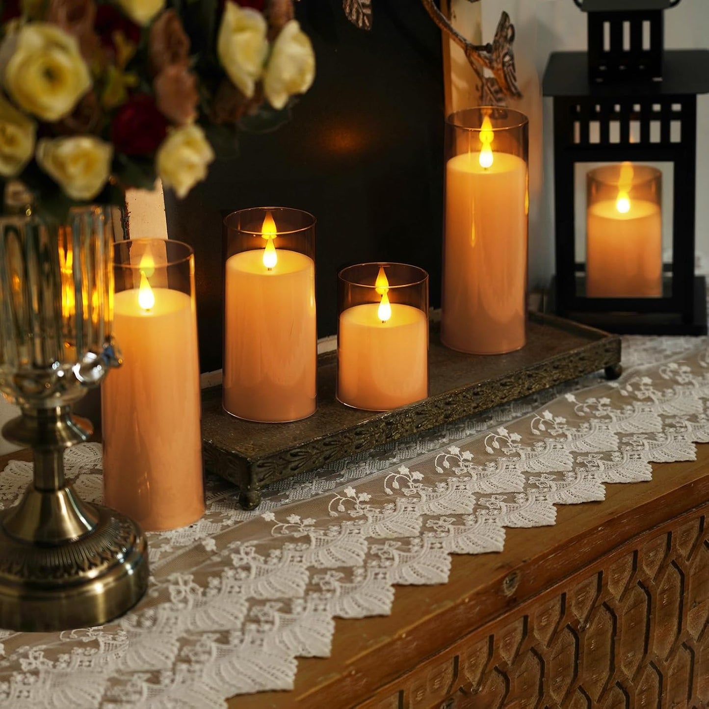 Homemory Gray Flickering Flameless Candles, Battery Operated Acrylic LED Pillar Candles with Remote Control and Timer, Halloween Decor, Set of 5