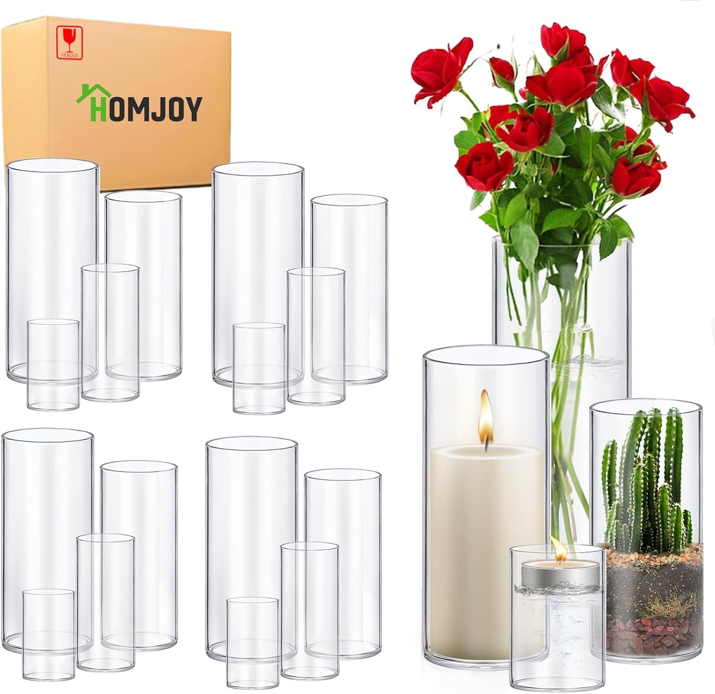 48 Pack Glass Cylinder Vases 4,6,8,10 Inch Tall Clear Flower Vase Hurricane Floating Candle Holder for Table Centerpiece Wedding Home Decor