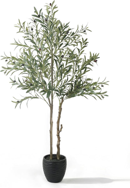 KOL 5.2ft Artificial Olive Tree Indoor, Tall Faux Olive Trees, Fake Olive Tree Floor Plant for Home Office Living Room Decor with Matte Black Pot