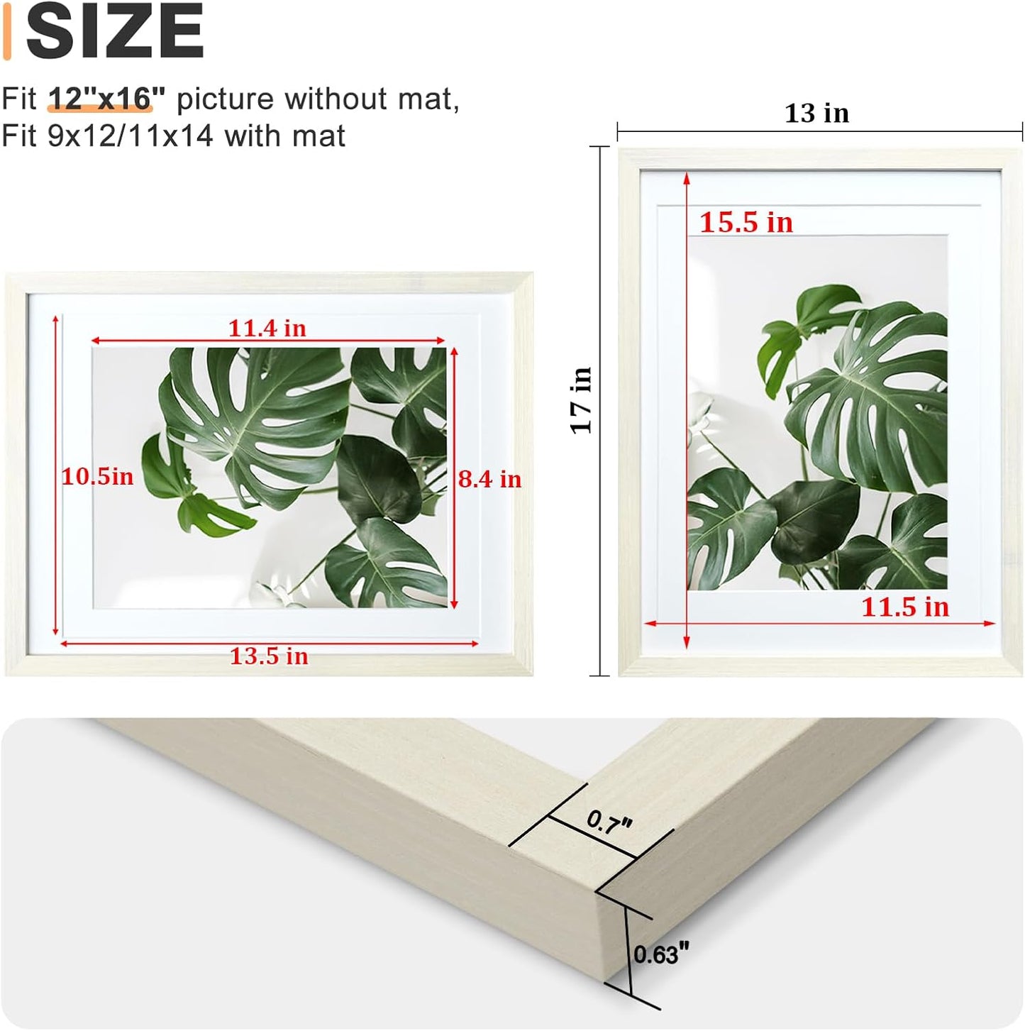 Egofine 12x16 Picture Frame Black, Covered by Plexiglass Made of Solid Wood, Display Pictures 9x12 and 11x14 with Mat or 12x16 Without Mat, for Wall Mounting Photo Frame - Colors A