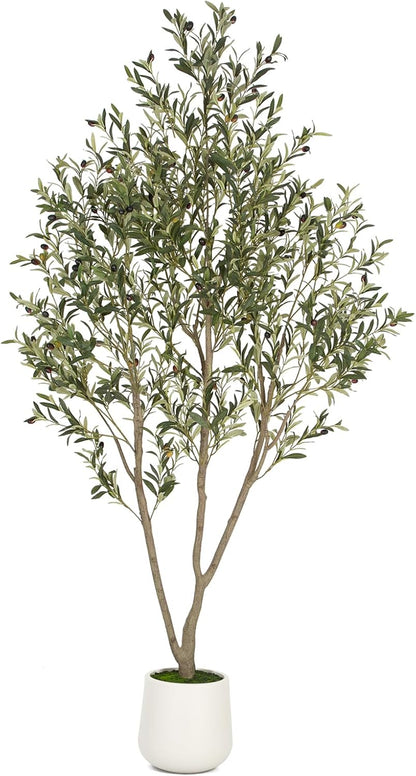 VIVATREES Olive Trees Artificial Indoor, 6FT Tall Faux Olive Tree with White Tall Planter, Artificial Plants with Natural Wood Trunk and Lifelike Fruits for Home Office Decor