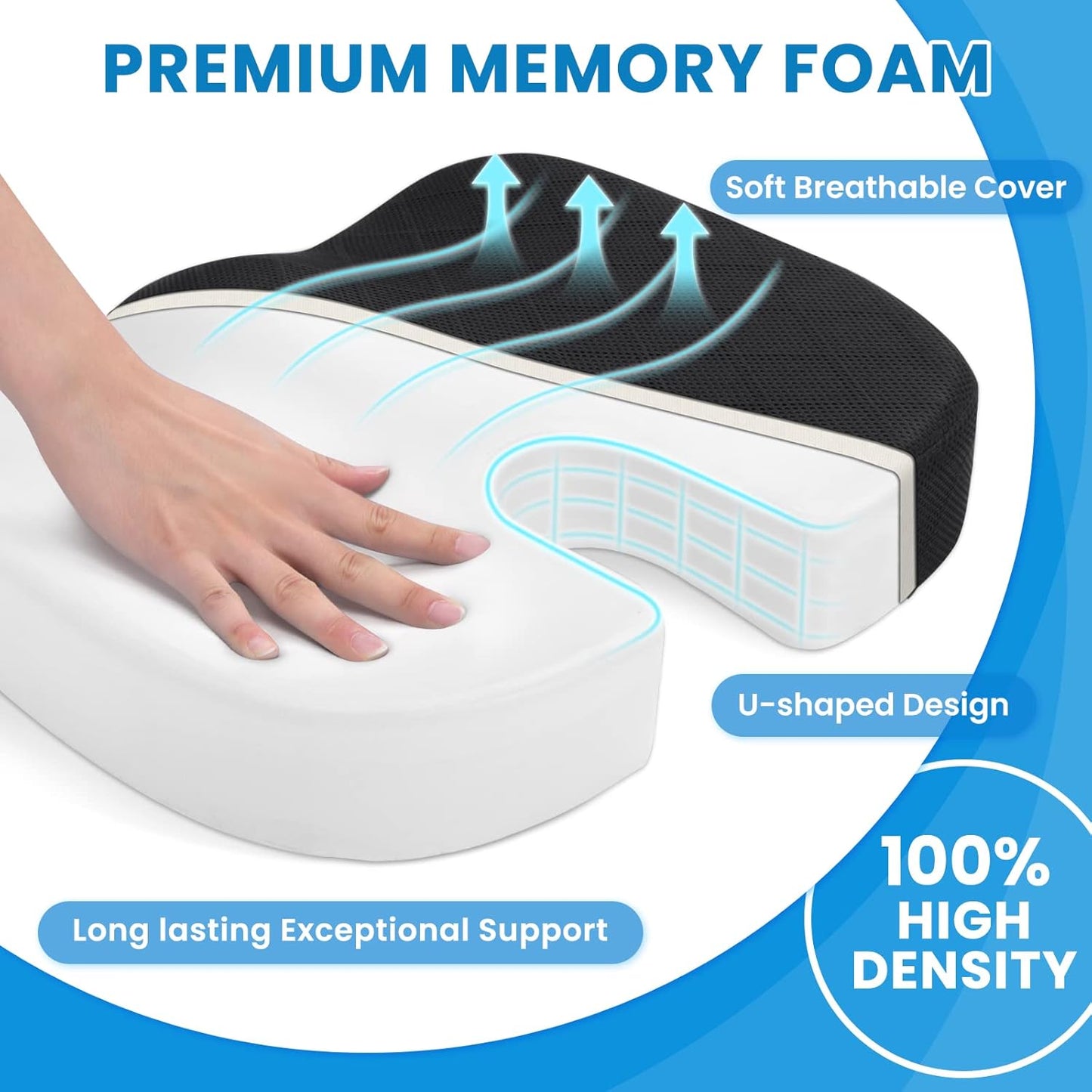 TushGuard Seat Cushion - Memory Foam Cushion for Office Chair, Car Seat, Airplane, Bleacher - Sciatica & Hip & Coccyx Pain Relief Desk Chair Cushion for Long Sitting Office Workers, Car Drivers