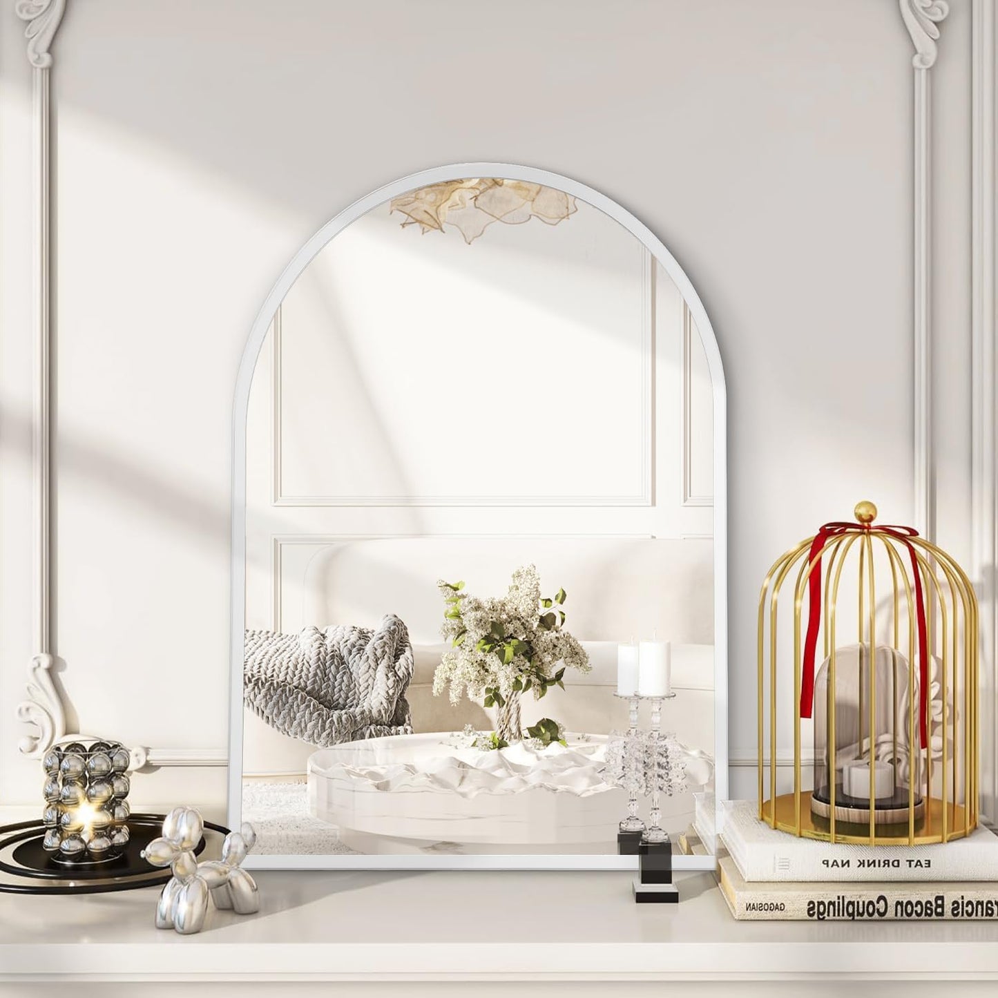 Black Arched Mirror, Modern Bathroom Wall Mirror Aluminum Alloy Framed Mirror Brushed Metal Vanity Wall Mounted Mirror for Livingroom Bedroom Entryway Room 16"x12"