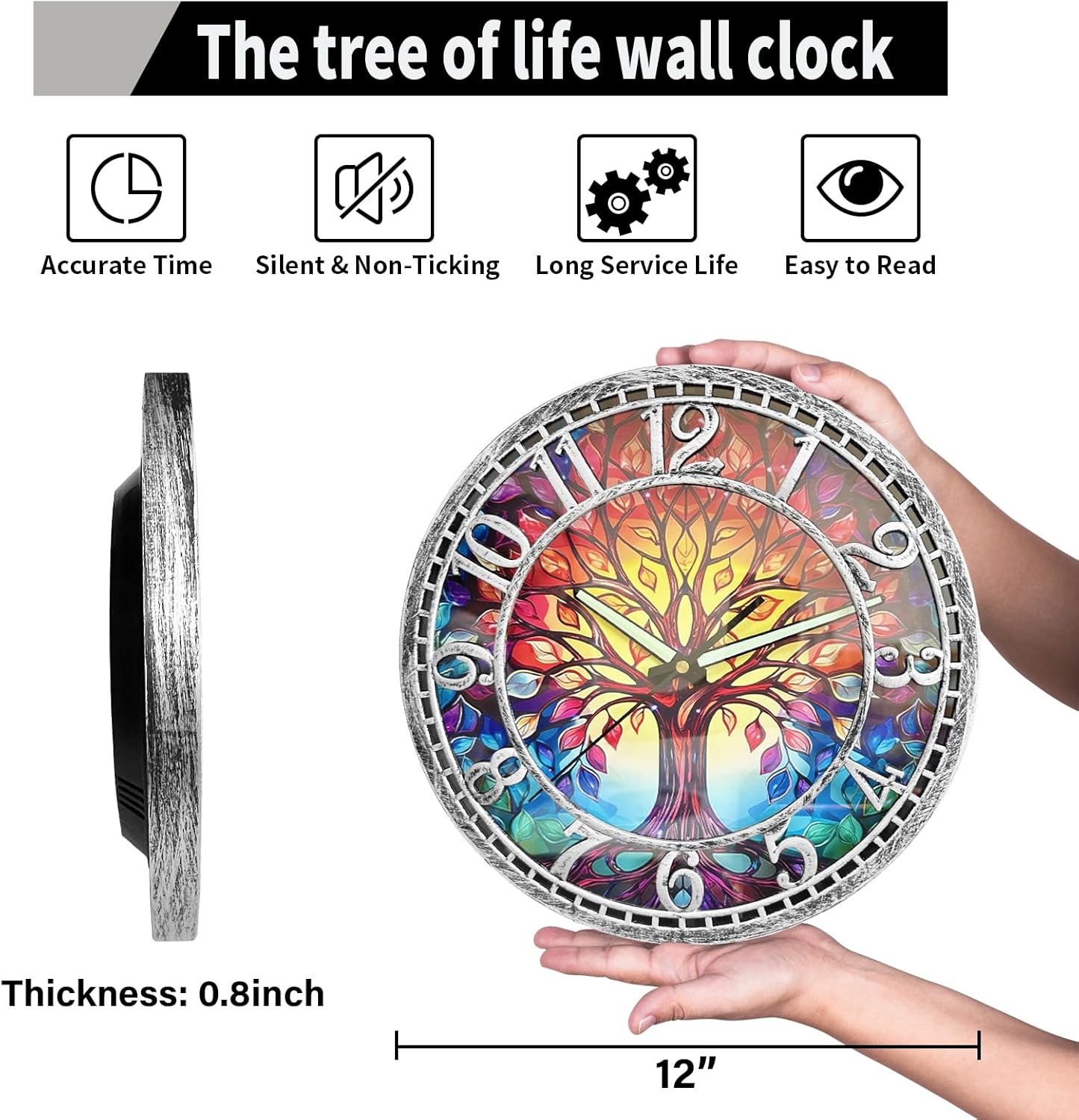 WANGIRO Tree of Life Wall Clock 12inch Silent Movement Clock Precise Timekeeping Wall Clock Ideal for Living Rooms Bedrooms Offices for Home Decor Enthusiasts Antique Silver
