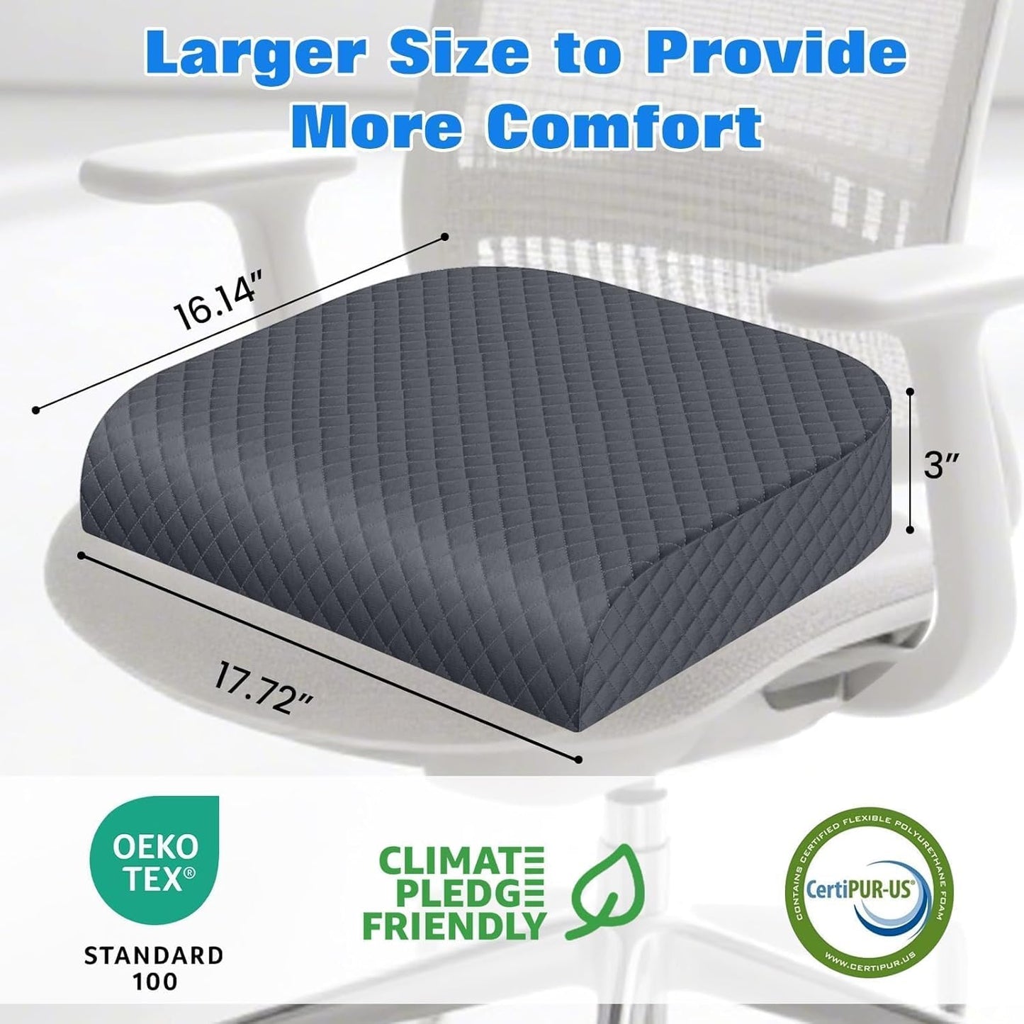 Seat Cushion, Memory Foam Chair Pad for Sciatica & Hip Pain Relief, Non-Slip Cushion for Office, Home, Car, Large Desk Chair Cushion, Washable Cover & Handle, Large, Black