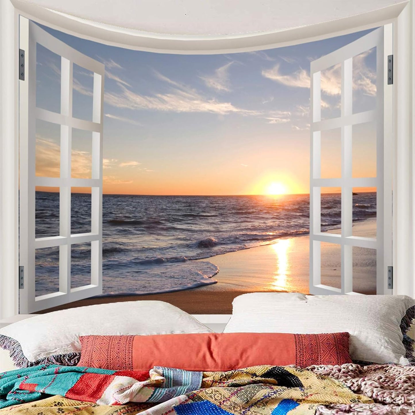 Homiest 3D Ocean Tapestry Wall Hanging Sun Sunset Sea Beach Landscape Tapestry Window Tapestries for Bedroom Living Room Home Decor 51x59 Inches