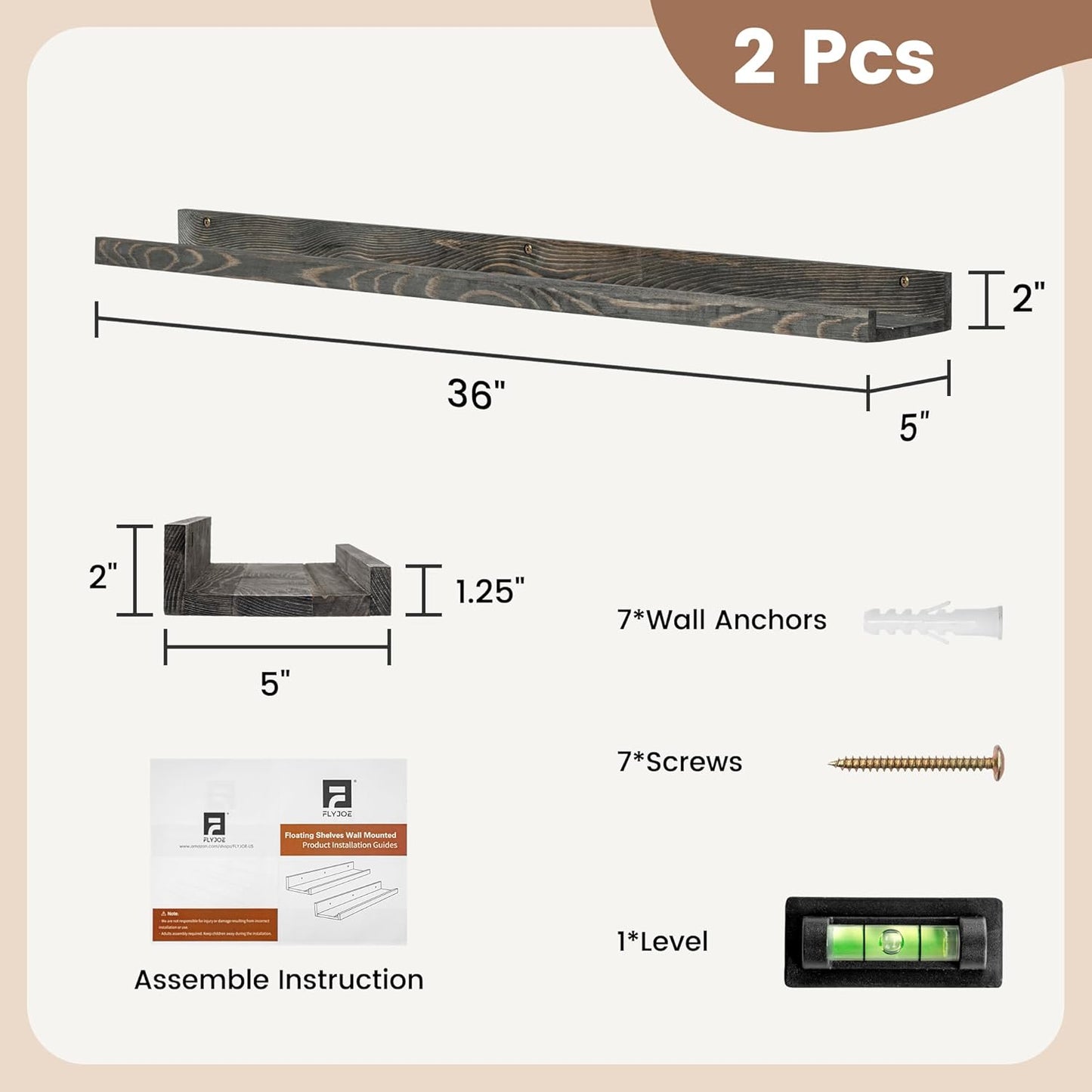 FLYJOE Picture Ledge Shelf, Floating Shelves Set of 2, Solid Pine Wood 55'' Long Large Nursery Book Shelves for Toys Storage, Kids Bookshelf for Living Room Bedroom Decor Books Photo Frames, Walnut