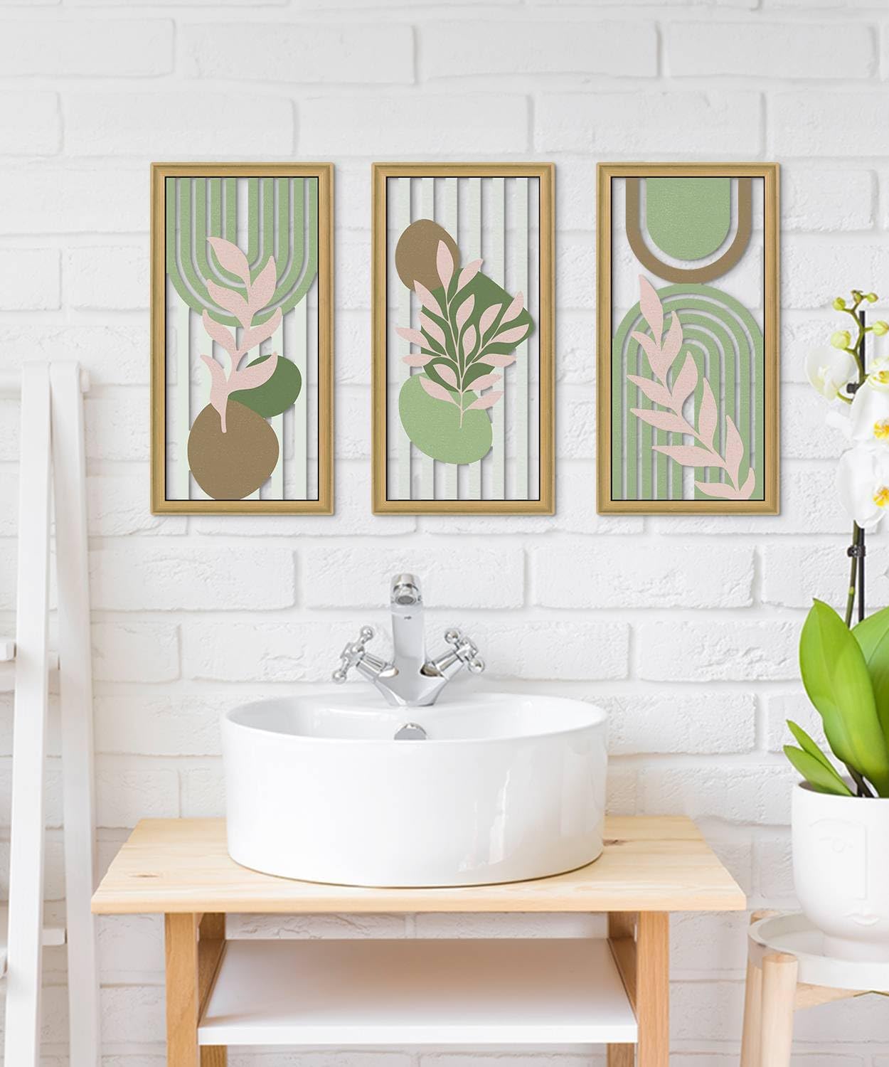 Putuo Decor Boho Abstract Wall Art, Set of 3, Modern Botanical Wooden Wall Decor, Blue Mid-Century Minimalist Framed Artwork for Living Room Bedroom, Office