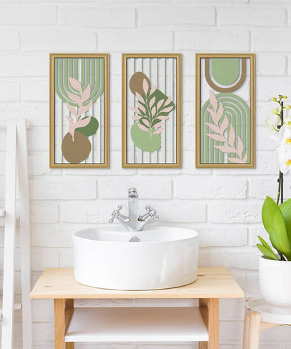 Putuo Decor Boho Abstract Wall Art, Set of 3, Modern Botanical Wooden Wall Decor, Blue Mid-Century Minimalist Framed Artwork for Living Room Bedroom, Office