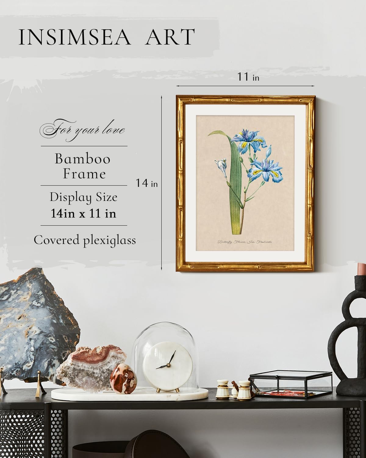 InSimSea Gold Bamboo Framed Canvas Wall Art, Retro Blue Hydrangea Botanical Prints, Antique Flowers Picture Frame with Mat, Victorian Home Wall Decor for Kitchen Living Room Bedroom, 11x14inch