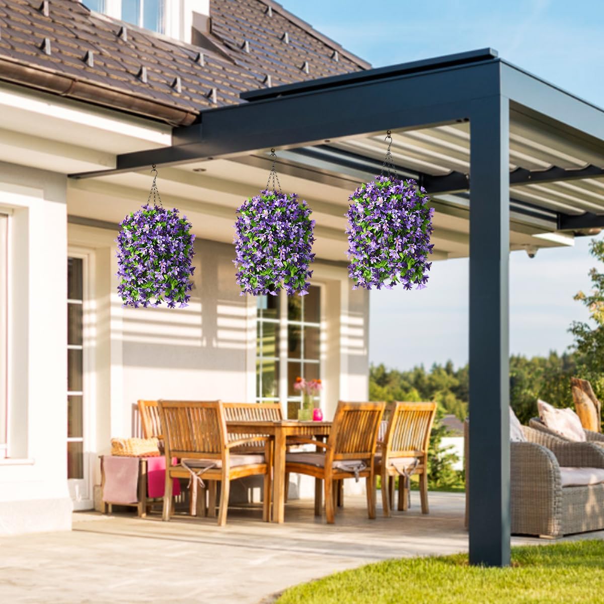 INQCMY Artificial Fake Hanging Plants Flowers Basket for Spring Summer Outdoor Outside Porch Decoration,UV Resistant Faux Silk Violet in Planter for Home Patio Balcony Garden Yard Decor(Red)