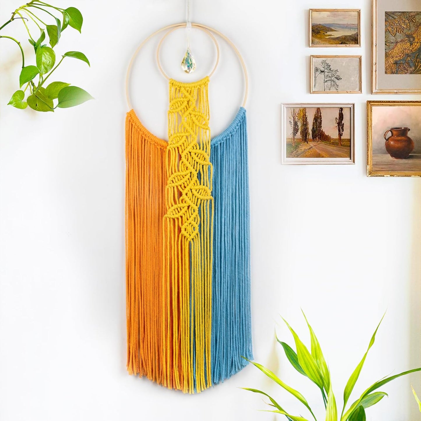 LB Boho Macrame Wall Hanging - Green and Beige Handmade Cotton Woven Decor, Modern Geometric Bohemian Tapestry Wall Decor for Bedroom Living Room Home (31.5"x9.84") Nature-Inspired Room Decor