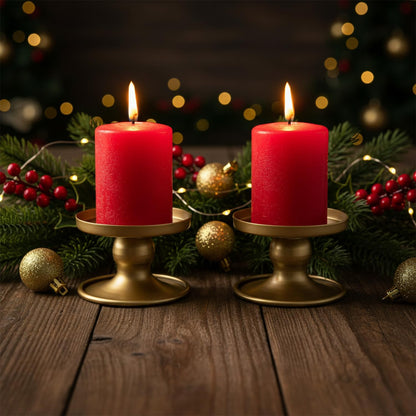 Table Gold Candle Holders – Set of 2 | Reversible Metal Candle Stand for Pillar & Taper Candles | Stylish Tabletop Candle Tray for Home Décor, Weddings & Special Occasions (Gold)