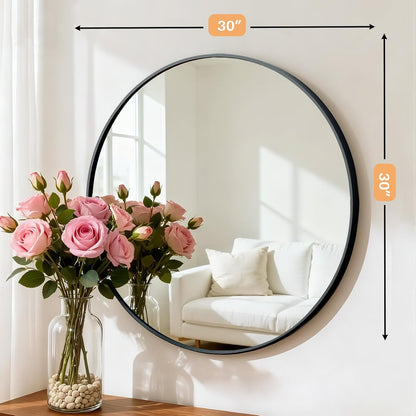 Bathroom Mirror for Wall, 24 Inch Round Mirror, Matte Black Metal Framed Circle Vanity Mirror for Bathroom Bedroom Living Room Entryway, Anti-Rust, Tempered Glass, Hanging or Leaning