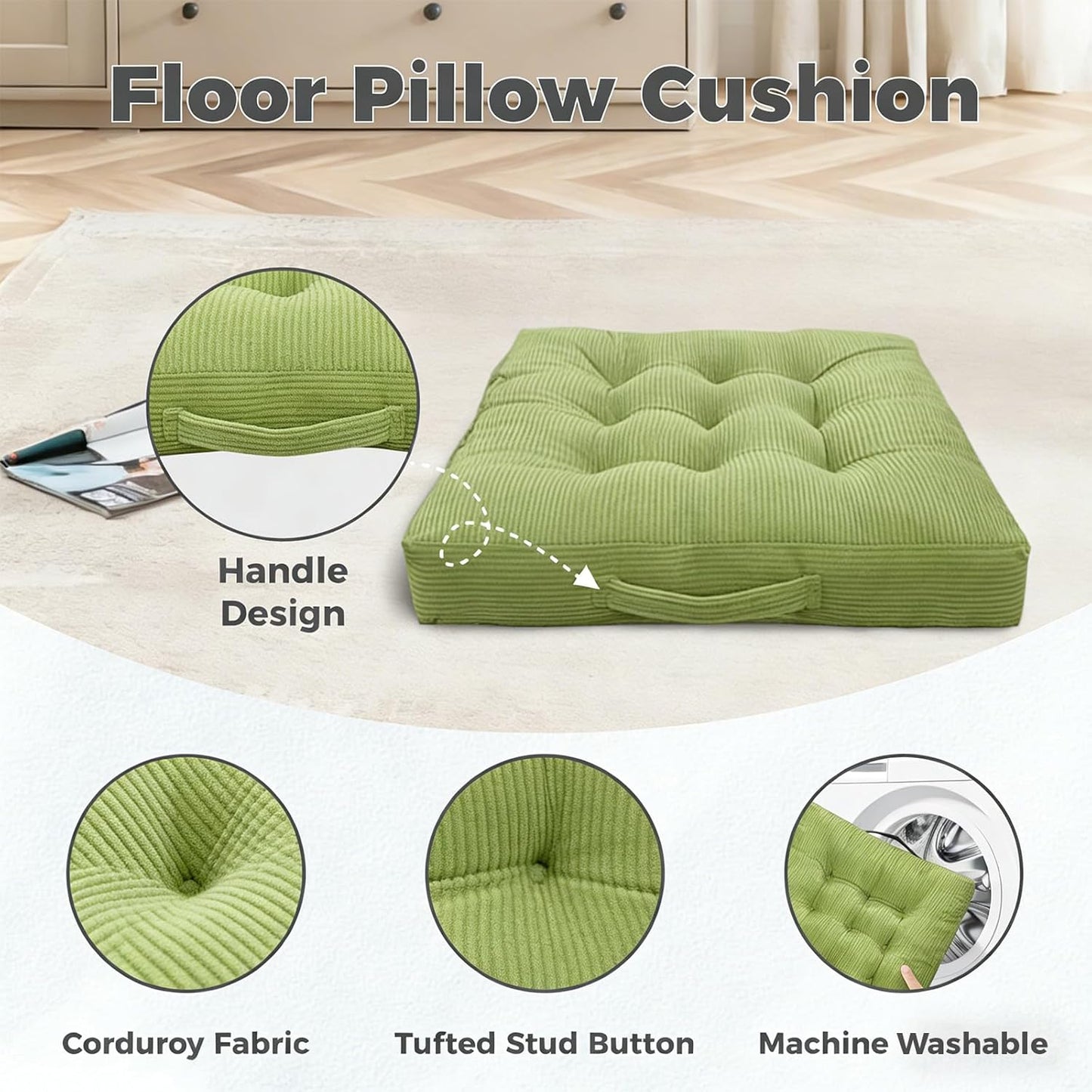 Floor Pillow Dark Grey Washable Floor Sitting Cushions 18x18 Inch 2-Pack, Meditation Yoga Pillows for Sitting on Floor Tufted Corduroy Seat Pads with Handle for Office Dining Room Seats