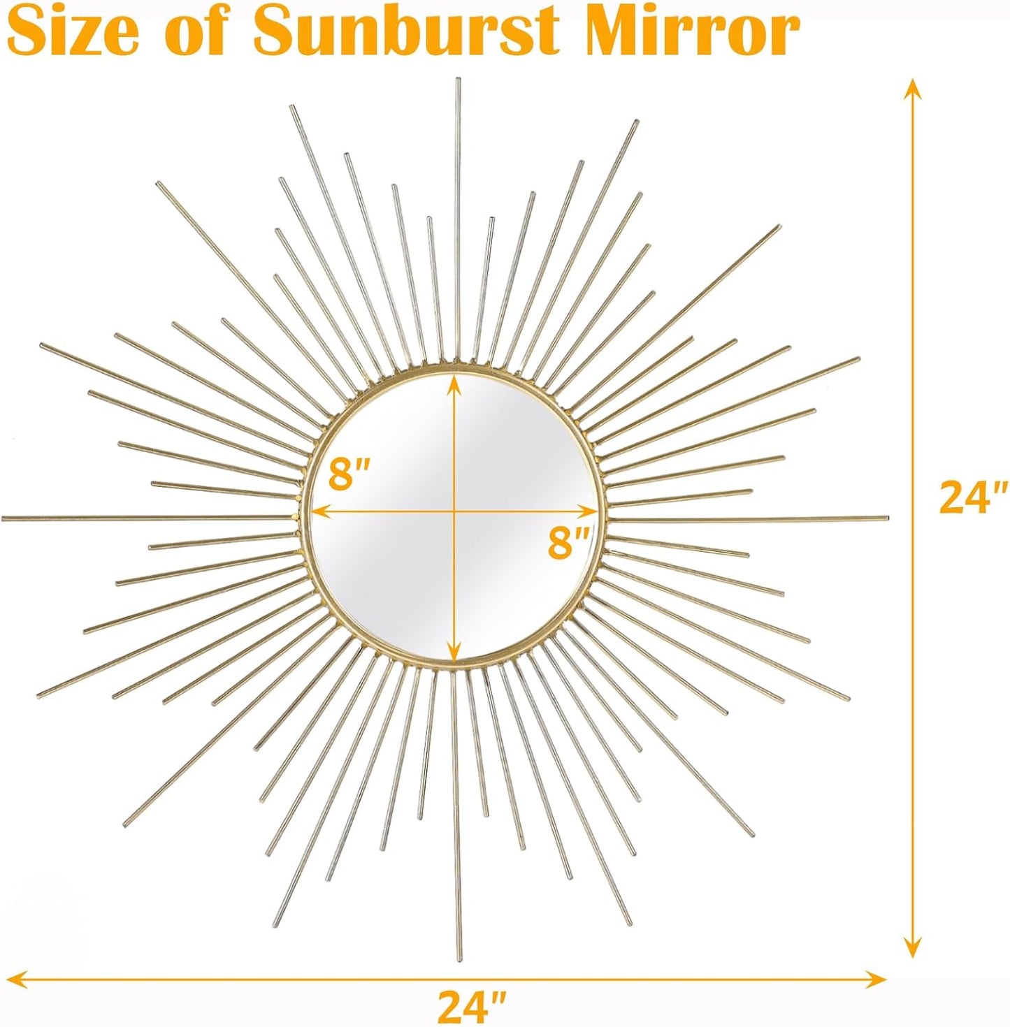 Large Gold Sunburst Mirror - 31" Starburst Wall Mirror with 12" Round Glass, Mid-Century Modern Elegant Gold Sun Mirrors for Living Room, Bedroom, Entryway Decor