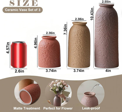 10.4 inches Tall Decorative Ceramic Vase Set, 3 Pieces, Nordic Modern Boho Style, White, Modern Farmhouse for Home Decor (Coffee Mix)
