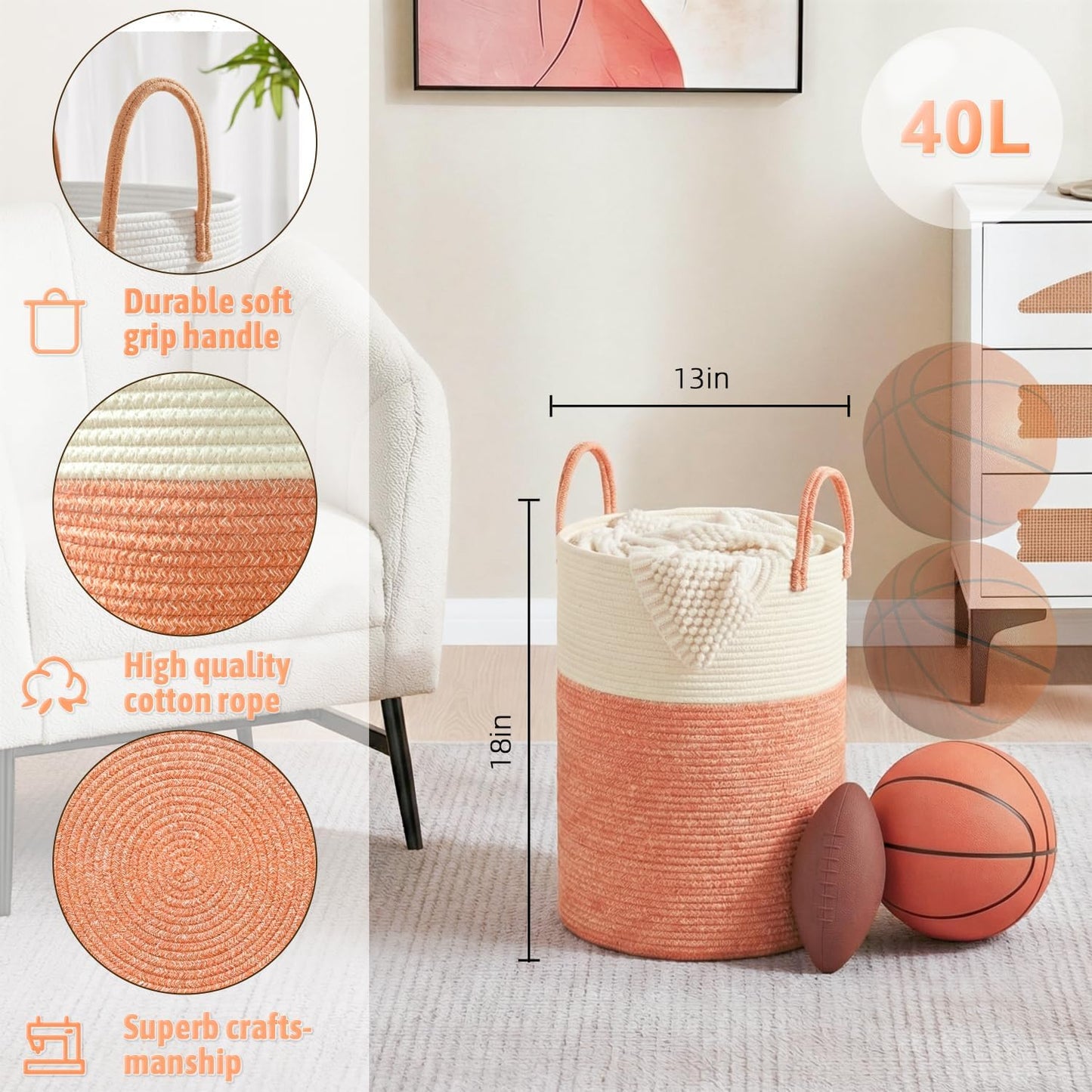 Artfeel Laundry Basket,Woven Cotton Rope Laundry Hamper,60L for Decor Storage of Dirty Clothes,Toys and Blankets in Bathroom,Baby Room and Living Room