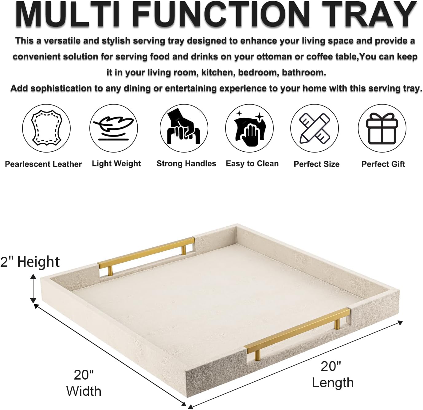Beige Faux Leather Serving Tray with Handles – Large Decorative Tray for Coffee Table, Ottoman, Living Room, Bathroom – Home Decor