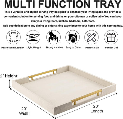 Beige Faux Leather Serving Tray with Handles – Large Decorative Tray for Coffee Table, Ottoman, Living Room, Bathroom – Home Decor