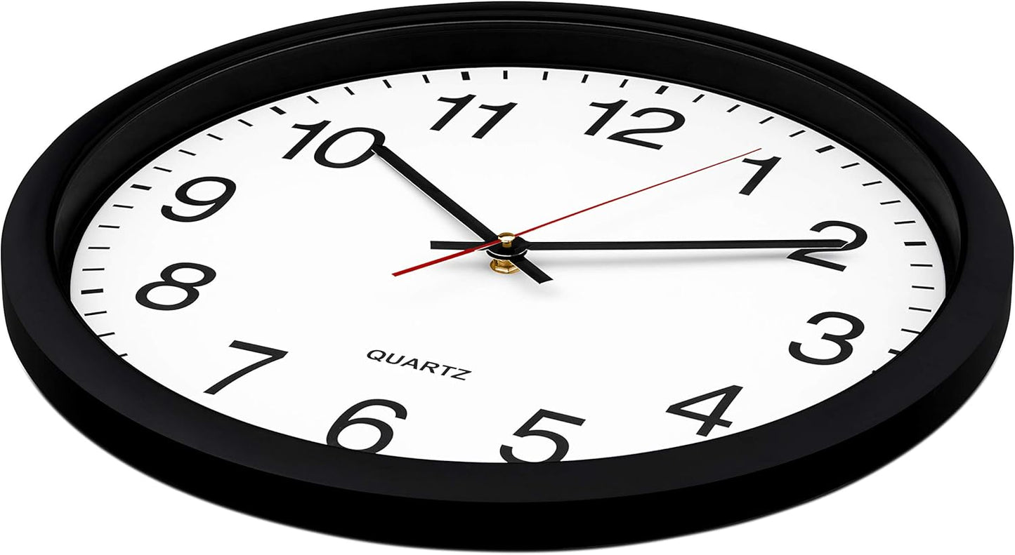Bernhard Products Black Wall Clock Silent Non Ticking 10 Inch Quality Quartz Battery Operated Round Easy to Read Home/Office/Kitchen/Classroom/School Clock Sweep Movement