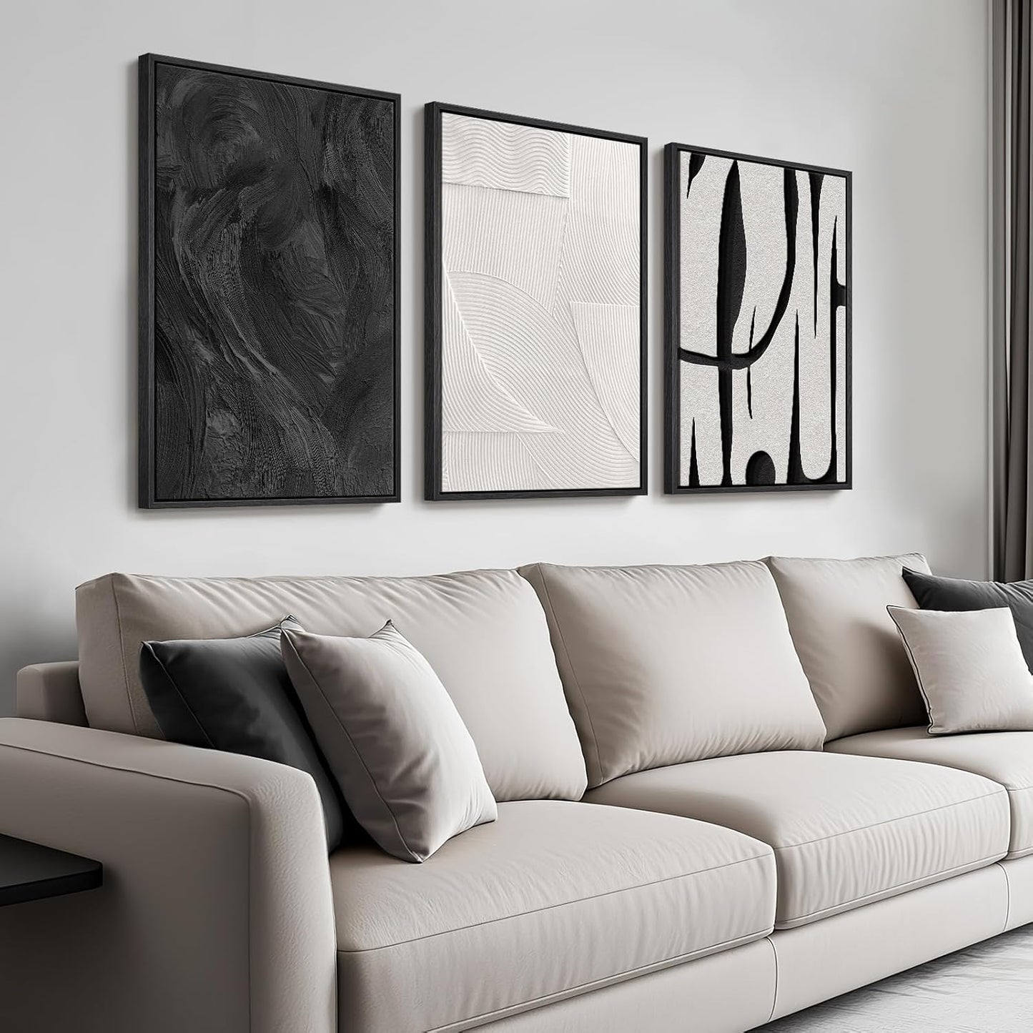 Large Framed Black and White Abstract Wall Art for Living Room, 3 Piece Big Modern Canvas Prints Paintings Artwork for Walls, Minimalist Abstract Art Pictures for Hallway, Office Wall Decor 24x36 In