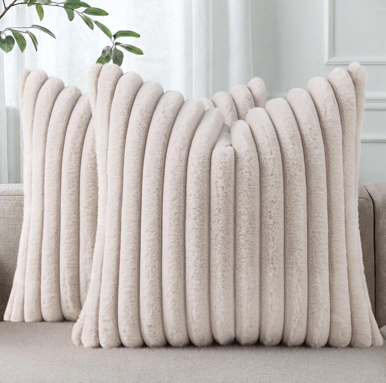 Pallene Faux Fur Plush Throw Pillow Covers 18x18 Set of 2, Luxury Soft Fluffy Striped Decorative Pillow Covers for Sofa, Couch, Living Room, Cream White