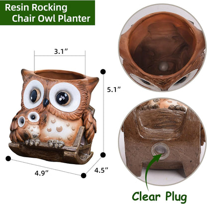 Saysmile Unique Owl Plant Pots Indoor, Cute Small Succulent Pots with Drainage Hole, Rocking Chair Planters for Outdoor Indoor Plants, Resin Flower Pot for String of Pearls, Gift Ideas for Mother
