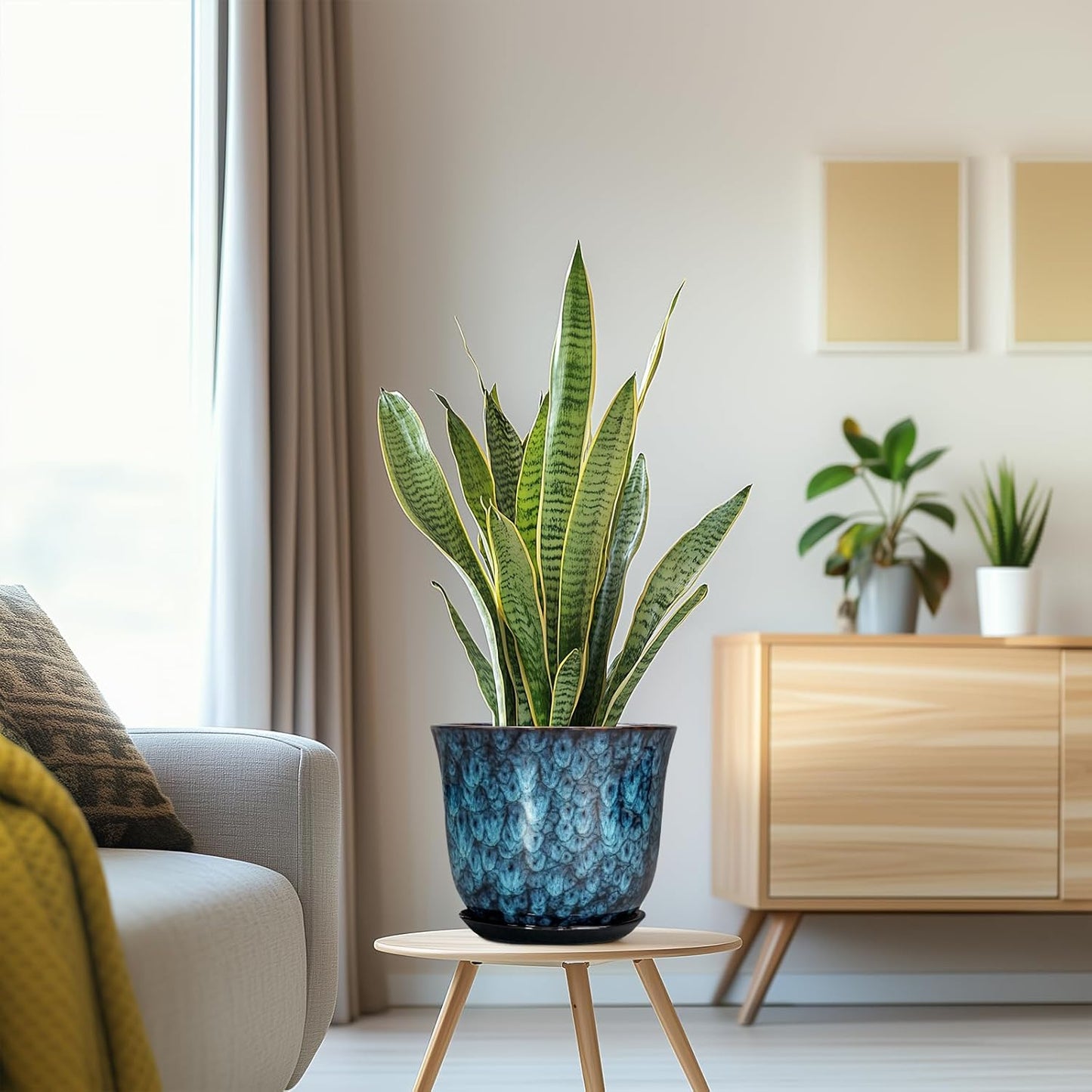 Ceramic Plant Pots - 12 Inch Pots for Plants Indoor Outdoor, Large Round Planter with Drainage Hole and Saucer, Modern Decorative Flower Pot, Home Garden Decor, House Warming Gifts, Blue