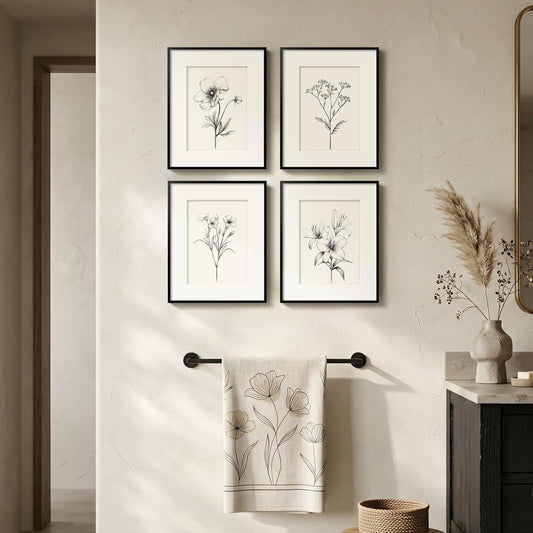 Framed Botanical Wall Art for Living Room, 4 Piece Rustic Floral Canvas Paintings Prints, Vintage Flower Pictures for Farmhouse Dining Room Hallway Bedroom Kitchen Bathroom Wall Decor, 12x16 Inch