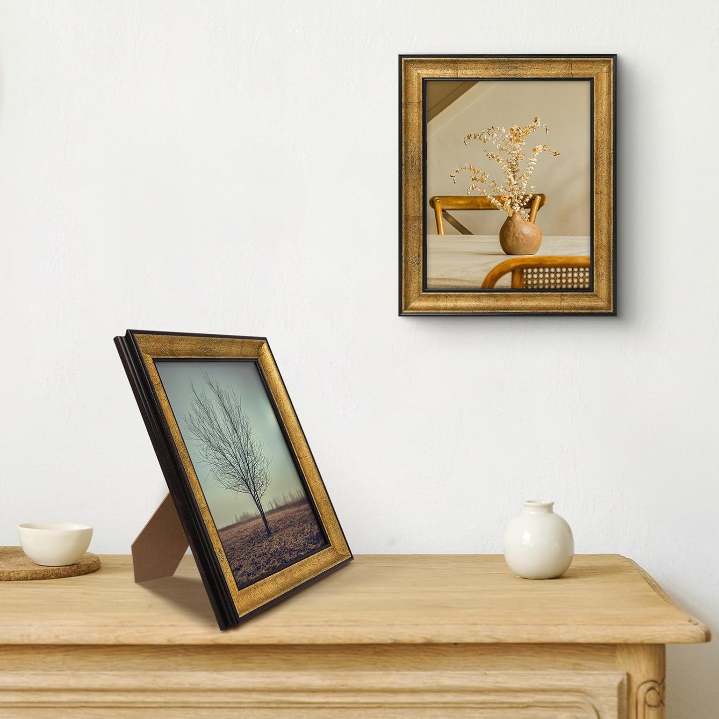Golden State Art, 11x14 Photo Frame with Mat for Pictures 8x10 and Real Glass (Dark Gold Brown & Bronze Pewter Panel with White Color Mat, 1.25 Inch Frame Border)