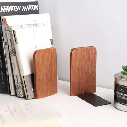 Muso Wood Book Ends for Shelves, Non-Slip Bookends, Heavy Duty Wooden Bookend Support for Books and Movies (Walnut 1 Pair)
