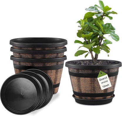 Quarut 3 Pack 10 inch Plant Pots,Whiskey Barrel Planters with Drainage Holes & Saucer, Plastic Decoration Flower Pots Imitation Wine Barrel Design, for Indoor & Outdoor Garden Home Plants (Brown)