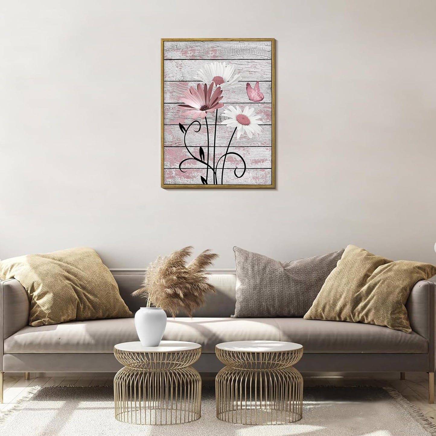HVEST Farmhouse Floral Wall Art for Living Room, Blue and White Daisy Flower and Butterfly on Rustic Wood Board Canvas Wall Art Framed Artwork Ready to Hang for Bathroom Bedroom Decor, 16L X 12W