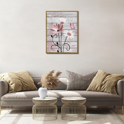 HVEST Farmhouse Floral Wall Art for Living Room, Blue and White Daisy Flower and Butterfly on Rustic Wood Board Canvas Wall Art Framed Artwork Ready to Hang for Bathroom Bedroom Decor, 16L X 12W