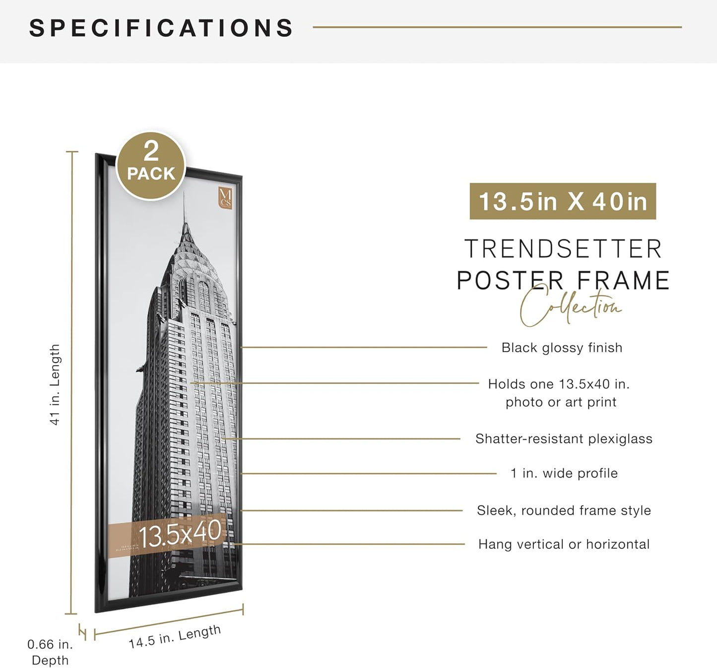 MCS Trendsetter 24x36 Poster Frame Black High-Gloss, Vertical & Horizontal Wall Hanging Large Picture Frame for Photos, Posters & Art Prints (1-Pack)