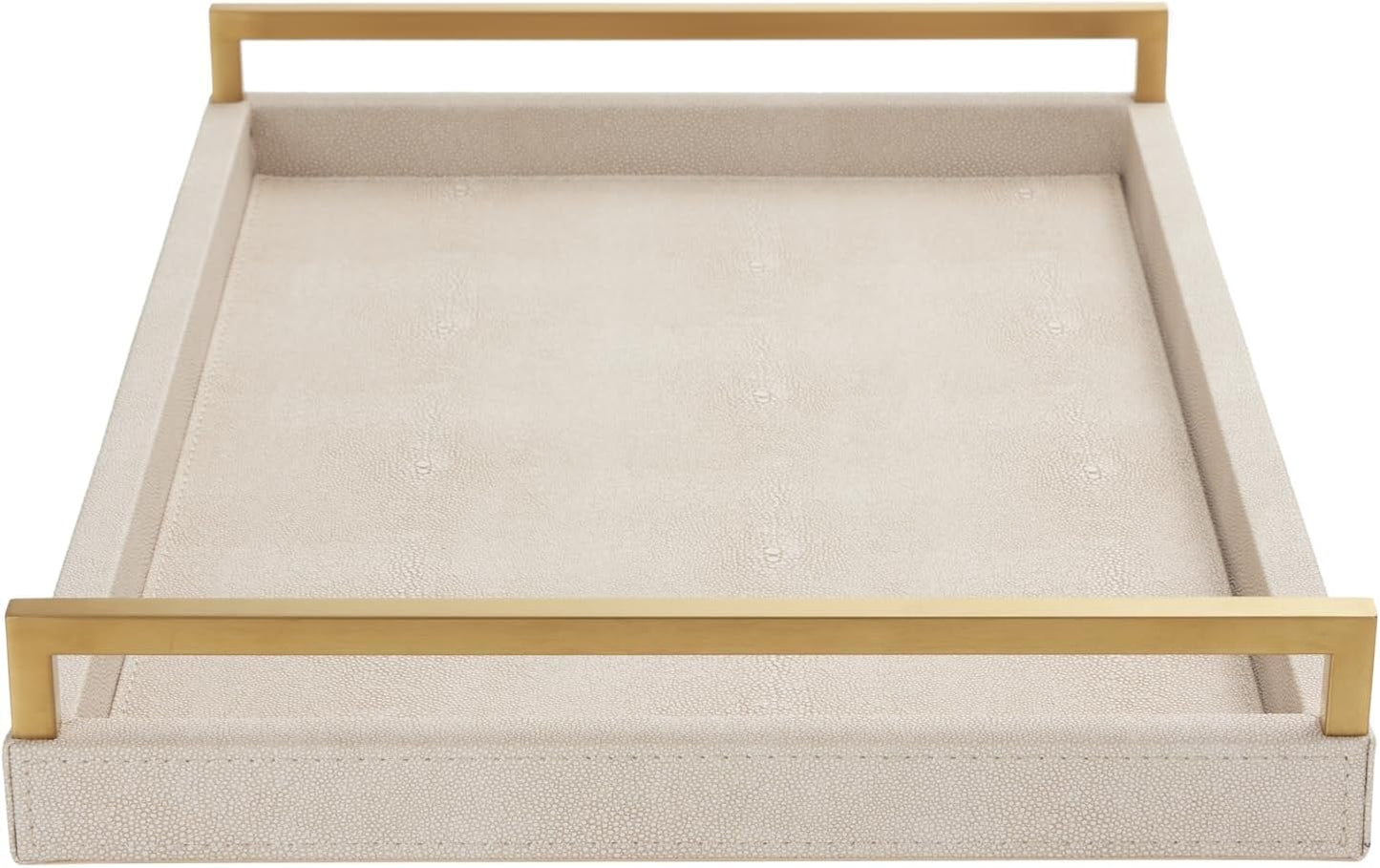 Ivory Shagreen Leather Serving Tray with Gold Handles-17.7x11.8 Inch Large Wooden Decorative Ottoman Tray fro Coffee Table, Kitchen, Dining, and Home Decor (Ivory)