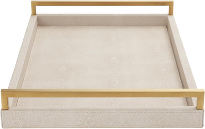 Ivory Shagreen Leather Serving Tray with Gold Handles-17.7x11.8 Inch Large Wooden Decorative Ottoman Tray fro Coffee Table, Kitchen, Dining, and Home Decor (Ivory)