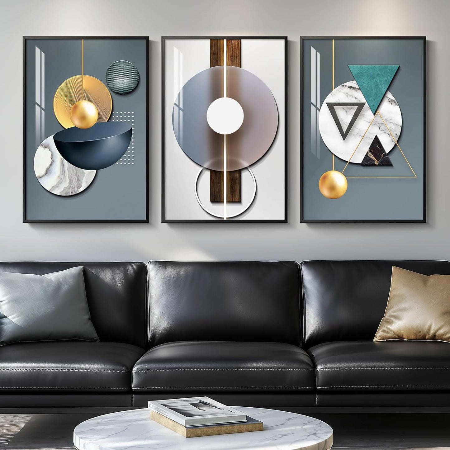 Framed Modern Luxury Gold Wall Art, Set of 3 Piece Contemporary Paintings Artwork for Walls, Golden Prints Pictures with Gold Frame, Wall Decor for Living Room, Hallway, Bedroom, Office 16x24 Inch