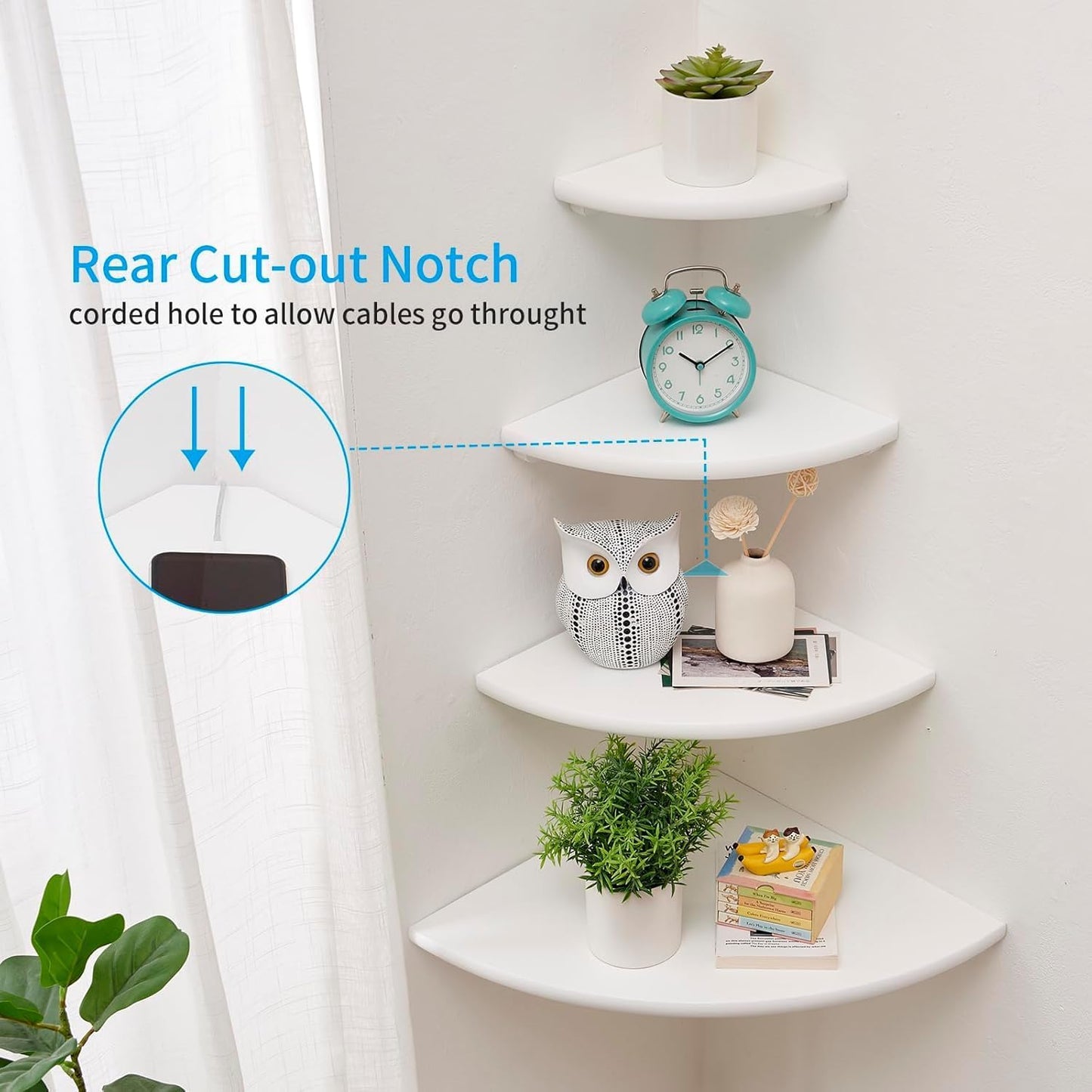 Corner Shelves, Floating Corner Shelf, Set of 2 7inch Solid Oak Wood Wall Shelves, Round End Wall Mount with Wire Hole Shelving for Small Plant for Bedroom Kitchen, Living Room